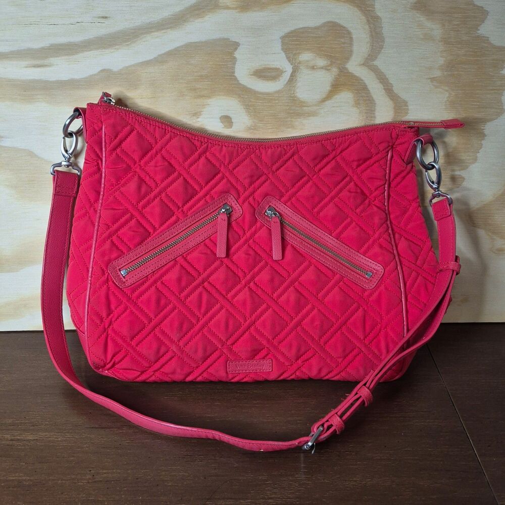 Vera Bradley Red Quilted Crossbody Shoulder Bag Triple Zip Adjustable Strap
